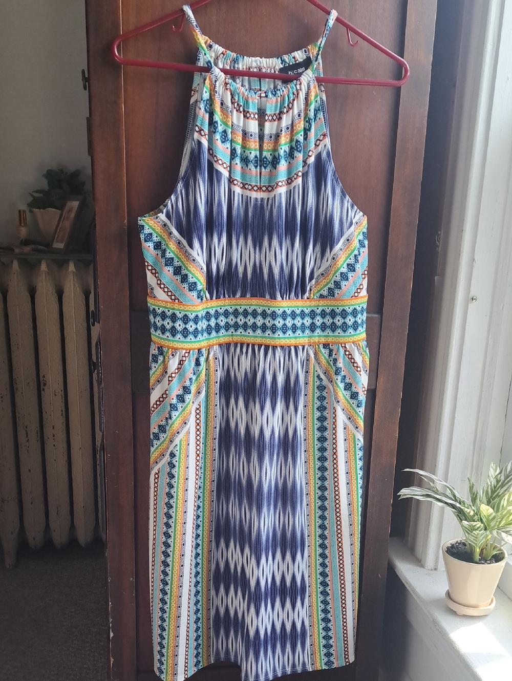 B. Calm Size L Blue Green Multi Print Halter Dress